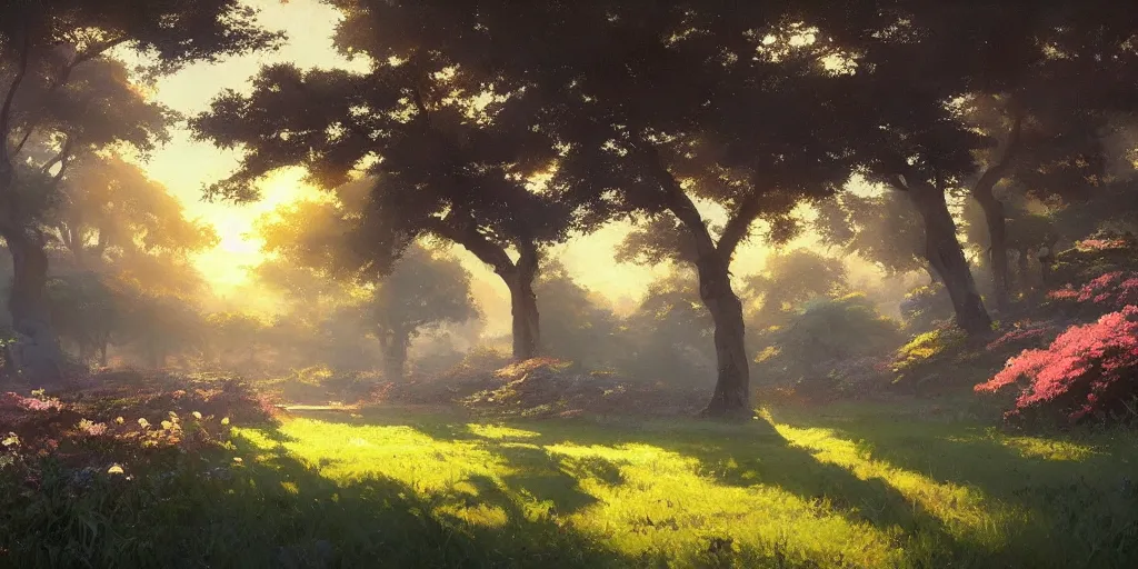 Image similar to an extraordinarily beautiful oil painting of a landscape in spring during sunrise ; lush vegetation ; the most beautiful painting in the world ; by makoto shinkai and craig mullins