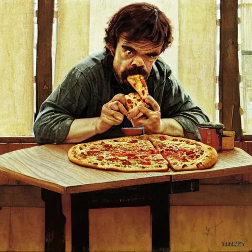 Image similar to peter dinklage eating pizza at a wooden table, artist norman rockwell,