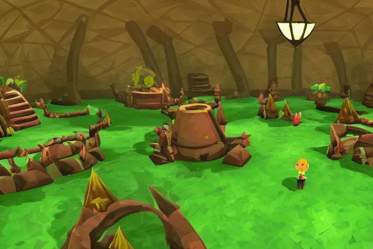 Prompt: the main room in a Wind Waker dungeon, forest themed