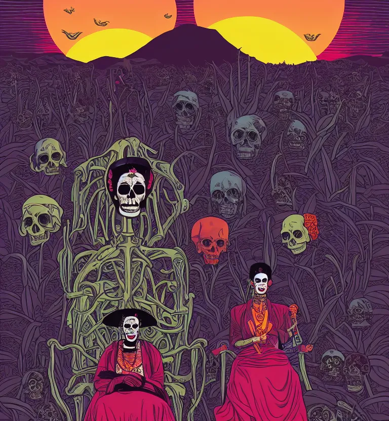 Prompt: Frida Kahlo as the Grim Reaper visiting an alien world that is a skull at sunset by Dan Mumford and Josan Gonzalez and Laurie Greasley and Tim Doyle, retrowave, vibrant, high contrast