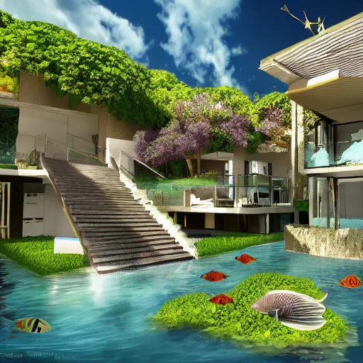 Image similar to a modern house with lots of fish tanks with tropical fish, digital art, trending on artstation, hdr, fantasy art