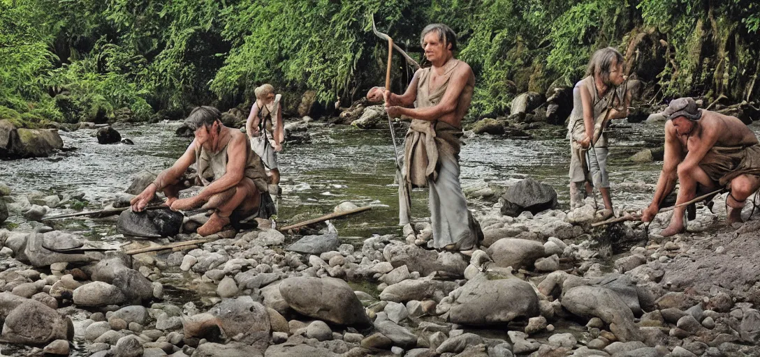 Prompt: prehistoric people, asemble at the river bank, make stone adze from pebble at the river bank in the rainforest, and fishing, high qulity realistic face, hyper - realistic, highly detailed, 8 k, cinematic lighting, global illumination, elegant, ornate, super detail, the light is dim, and the colours are muted. kodak etkar 1 0 0