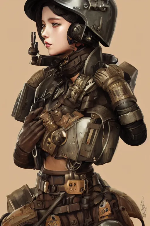 Image similar to portrait of dieselpunk blackpink jisoo soldier girl, helmet, desert, armored, highly detailed, digital painting, face detail, sharp focus, art, illustrations by loish and rossdraws and ayanamikodon and wlop and irakli nadar
