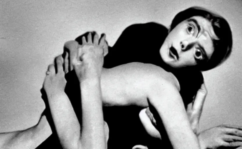 Image similar to ecstasy and metamorphosis, still from an old surrealist black and white movie directed by Jan Svankmajer, Béla Tarr, Ingrid Bergman and Robert Wiene. Dark background, dramatic lighting, detailed, cinematic