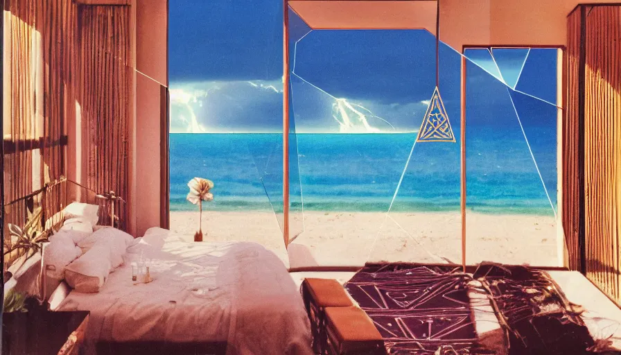 Image similar to A 1985 vintage magazine architecture photo of a bedroom, mediterranean architecture, refracted lines and sparkles, thunderstorm outside, beach and tropical vegetation on the background major arcana sky and occult symbols, hyperrealistic 8k uhd, award-winning, 1985