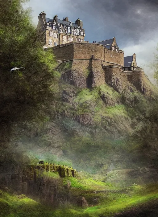 Prompt: a beautiful digital graphics design portrait of Edinburgh castle in Edinburgh. Edinburgh gardens overgrown with plants, caledonian forest, matte painting, fantasy art, highly detailed