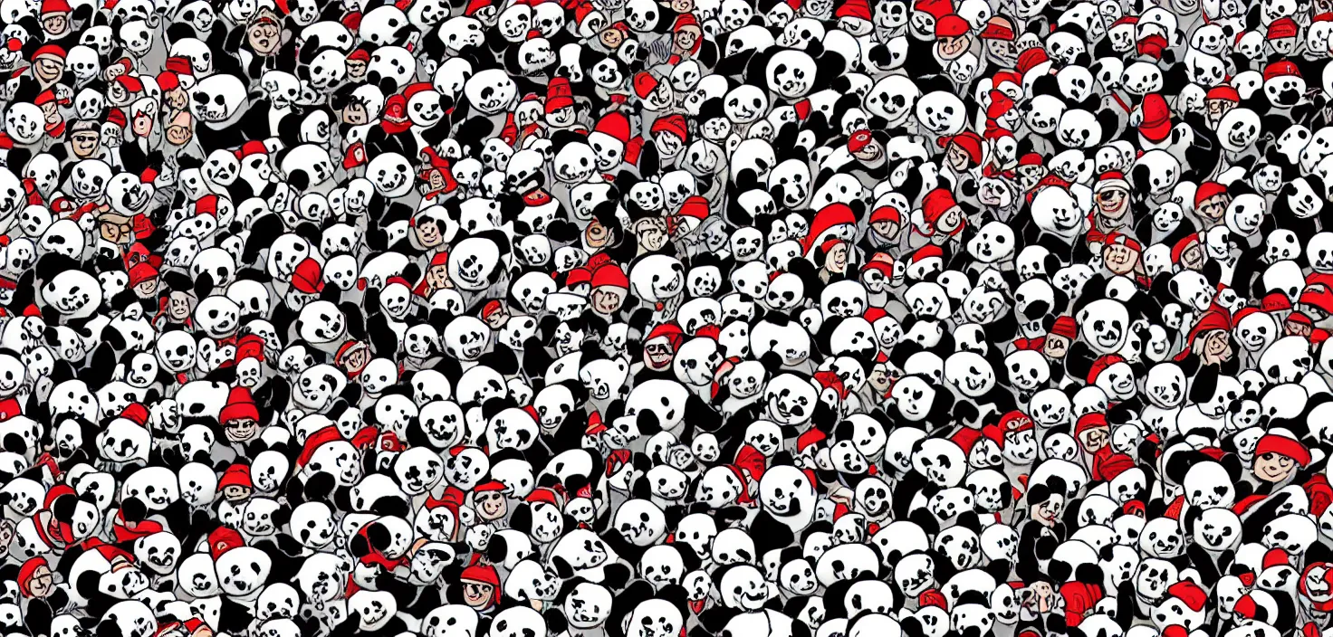 Prompt: a where's Wally challenge but with pandas, comic book style