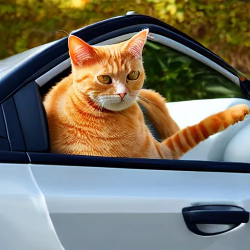 Image similar to an orange tabby cat driving a car