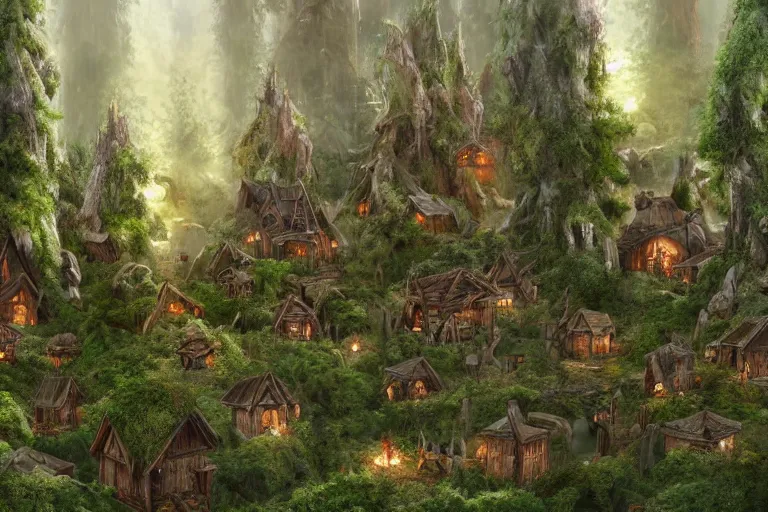 Image similar to a wood elf village suspended high in the redwood tree canopy, fantasy setting, dense vegetation, very detailed, d & d concept art, 4 k