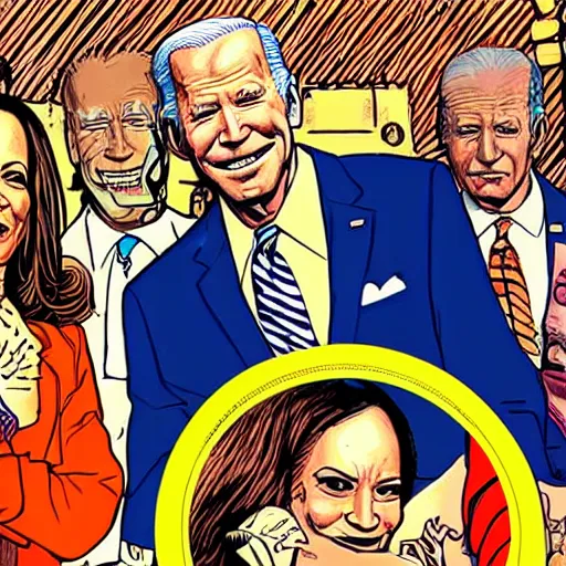 Image similar to The Artwork of R. Crumb and his Cheap Suit - Joe Biden and Kamala Harris, pencil and colored marker artwork, trailer-trash lifestyle