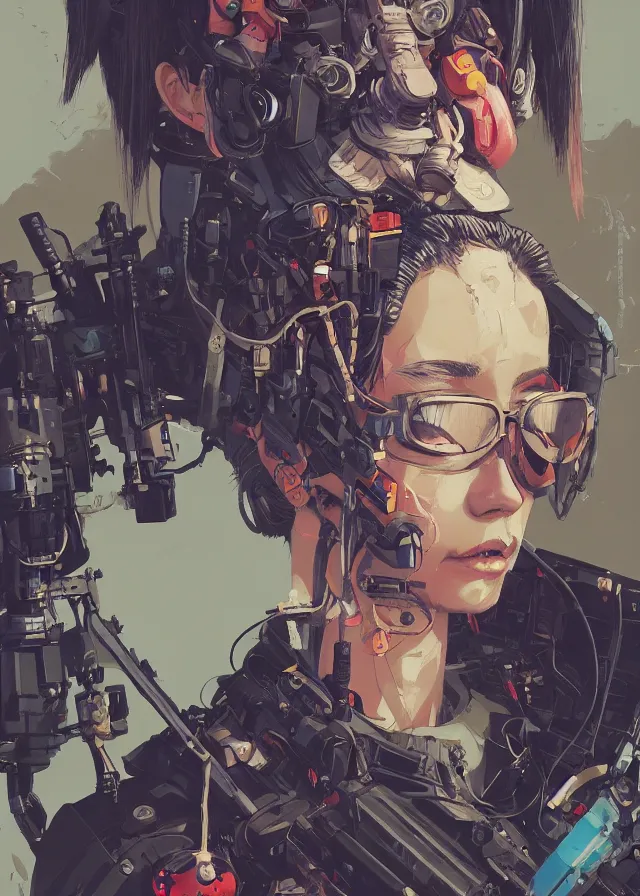 Prompt: highly detailed, james jean, ilya kuvshinov, greg rutkowski, simon roy, mcbess, yoji shinkawa, portrait illustration of a cyberpunk military woman, oil on canvas, colorful, cinematic composition, ray tracing, hyper realism, photorealistic