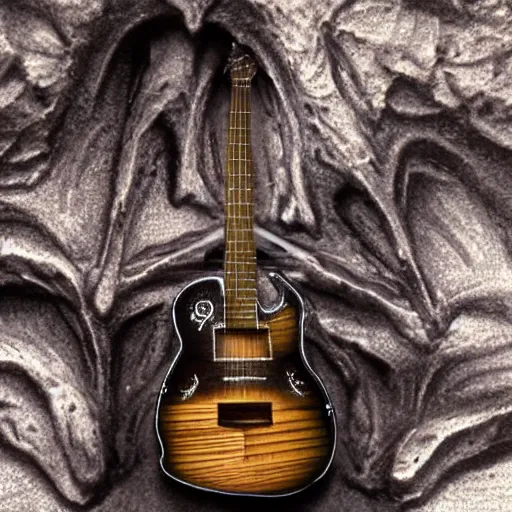 Image similar to a guitar being played by an alien in a cave in the style of H.R Giger