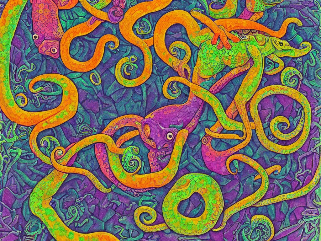 Prompt: chameleon and octopus, high detail, highly abstract, digital art, a bit vivid colors, a little bit touch of M. C. Escher