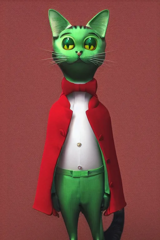 Image similar to a cat wearing a red and green formal overcoat, hyperrealistic, concept art, octane render, unreal engine 5, realistic and defined face, profile picture, digital art, pixar and disney, symmetrical, high quality, highly detailed, high coherence, path traced, house background, low contrast, beautiful