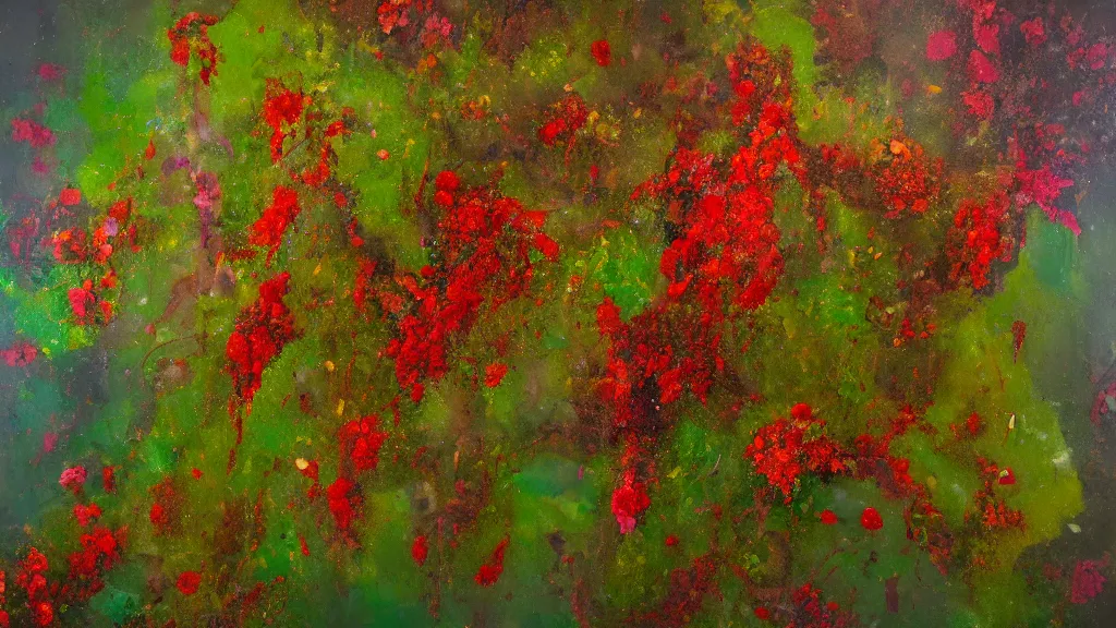 Prompt: a riotous display of dense blossoming overgrowth, oil drip painting in the style of John Hoyland, rendered in octane 4k photorealistic, subsurface scattering