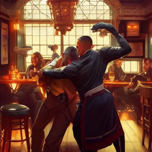 Prompt: vinnie jones and barak obama fighting in a pub, real life skin, intricate, elegant, highly detailed, artstation, concept art, smooth, sharp focus, art by artgerm and greg rutkowski and alphonse mucha