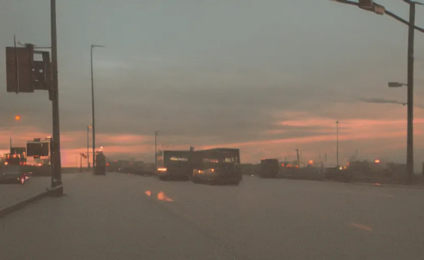 Image similar to cinematic screenshot sunrise view of buffalo as seen from bus, moody scene from being john malcovich directed by charlie kaufman ( 2 0 0 1 ), moody volumetric light morning, anamorphic lenses, kodak color film stock