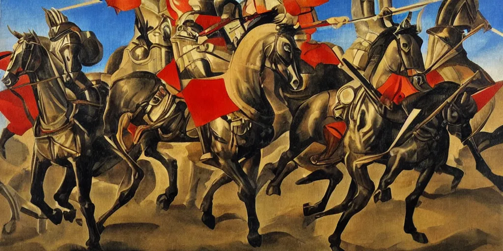 Image similar to italian futurism styled painting of a medieval knight cavalry charge