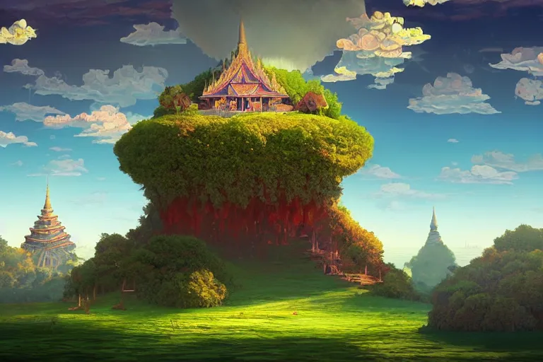 Prompt: surreal glimpse into other universe, floating island in the sky, a thai temple on a mound, summer morning, very coherent and colorful high contrast, art by gediminas pranckevicius, geof darrow, makoto shinkai, dark shadows, hard lighting