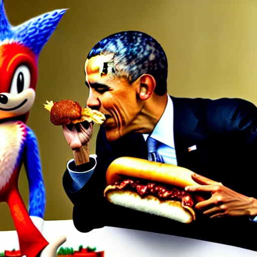 Prompt: a photograph of barack obama sharing a delicious chilli dog with sonic the hedgehog