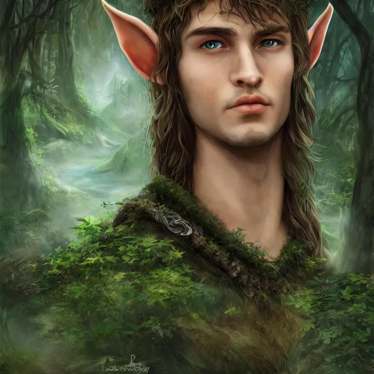 Prompt: handsome forest elf, stream, clouds, grass, forest, trees, facing the woods, lord of the rings style, fantasy, poster, character portrait, portrait, close up, concept art, intricate details, highly detailed, full body, 8 k, detailed face, body