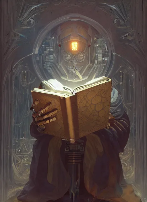 Image similar to portrait of a robot wizard reading a big book, transparent scalp, window, intellectual, sofisticated, medieval fantasy, highly detailed, digital painting, artstation, concept art, character art, art by greg rutkowski and tyler jacobson and alphonse mucha