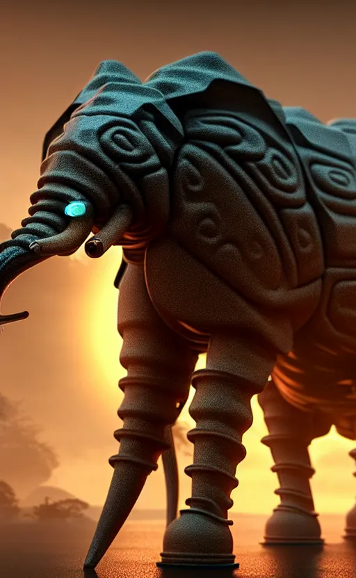 Image similar to hyper realistic and higly detailed photo of a mech elephant. intricate, wiring, electronic componentsss, color diodes. volumetric light. professional digital art, lotr style, extremly detailed, trending on artstation, stuning, octane render, unreal engine 5, 8 k rendering.