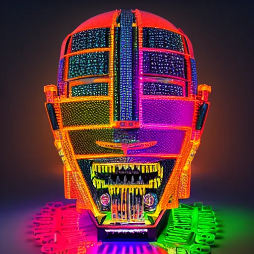 Image similar to a glossy claymodel of a cyberpunk aztec futuristic robot head, top of the head is made of gears and multicolored glowing tubes, eyes are multicolored lamps, 8 k, front shot, symetrical, flourescent colors, halluzinogenic, multicolored, insanely detailed, 3 d render, octane