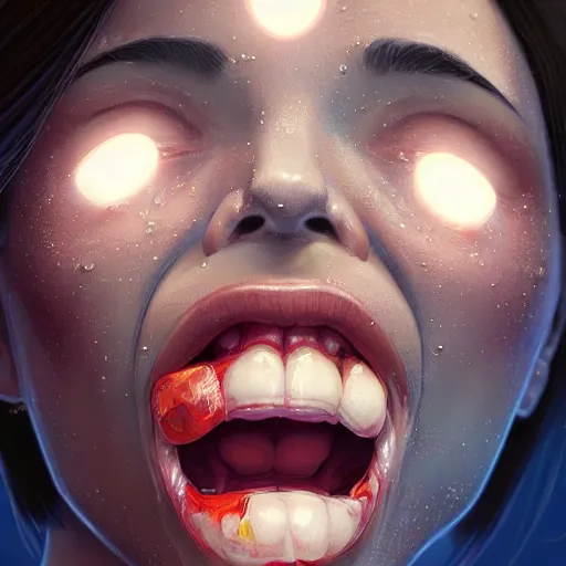 Image similar to wide open wife mouth, close - up, cry, cruelty, defiant, pin - up, full lips, symmetrical teeth, light effect, hyper detailed, intricate, elegant, highly detailed, digital painting, artstation, concept art, matte, sharp focus, illustration, by dan mumford, yusuke murata, makoto shinkai, ross tran