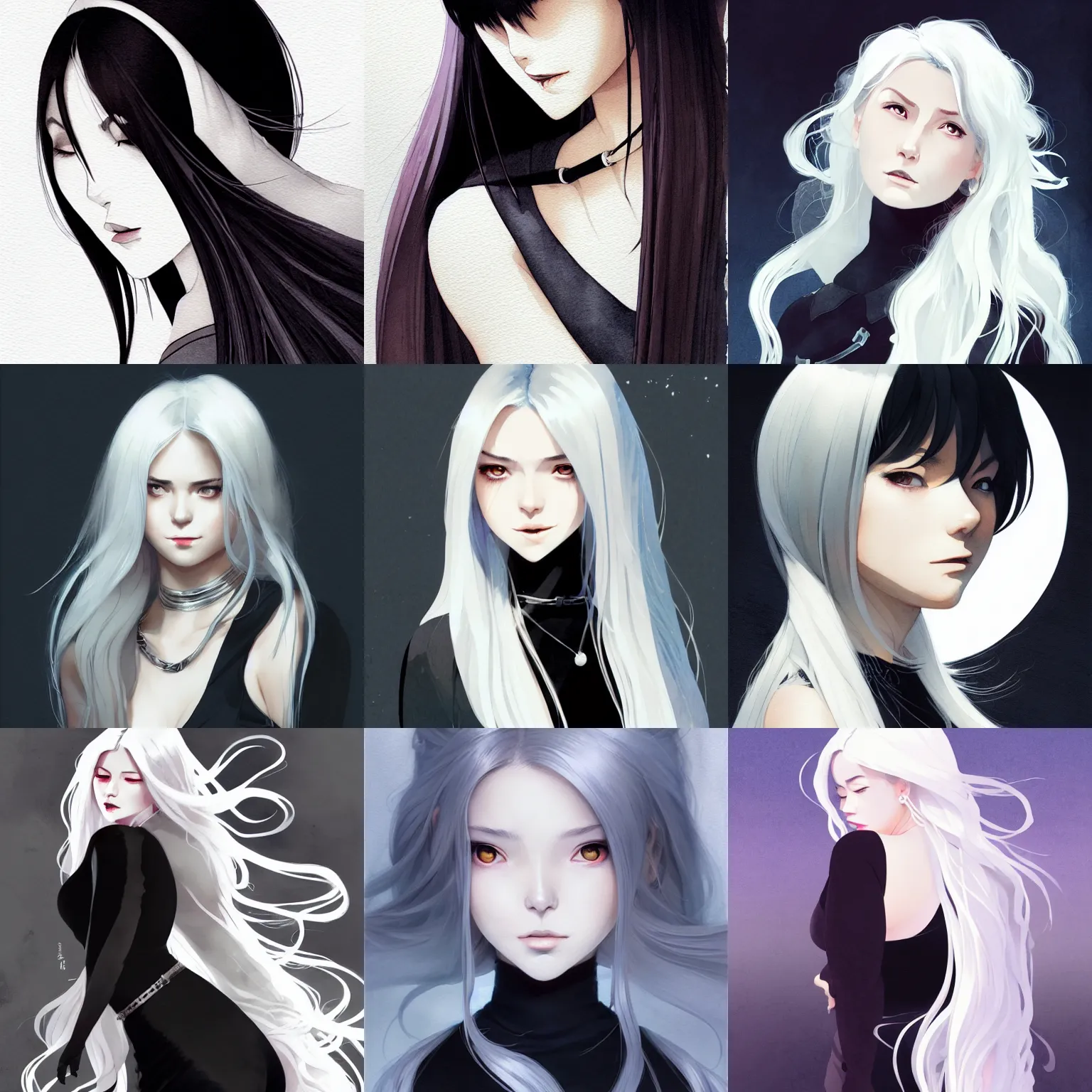 Prompt: headshot of curvy female with long white hair, black dress, silver belt, silver necklace, solid background color, digital art, illustration, smooth color, moody lighting, vibrant watercolor, wenjun lin, studio ghibli, pixiv, deviantart, artgerm, greg rutkowski, ilya kuvshinov