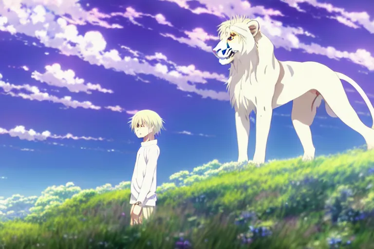 Image similar to a vast scene, panorama distant view, anime art full body portrait character concept art, hyper detailed scene render of a boy and a white lion, anime key visual of violet evergarden, finely detailed perfect face delicate features directed gaze, in the white clouds fairyland, trending on pixiv fanbox, violet evergarden, studio ghibli, james jean, extremely high quality artwork