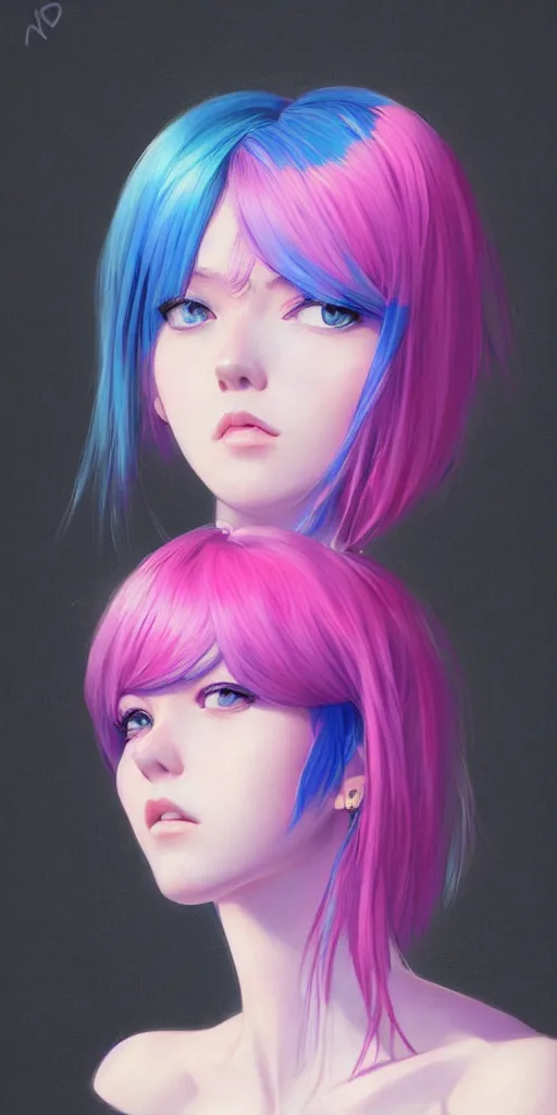 Image similar to a singular beautiful girl with pink and blue dyed hair, realistic female portrait, highly detailed, by ilya kuvshinov, makoto shinkai, photorealistic