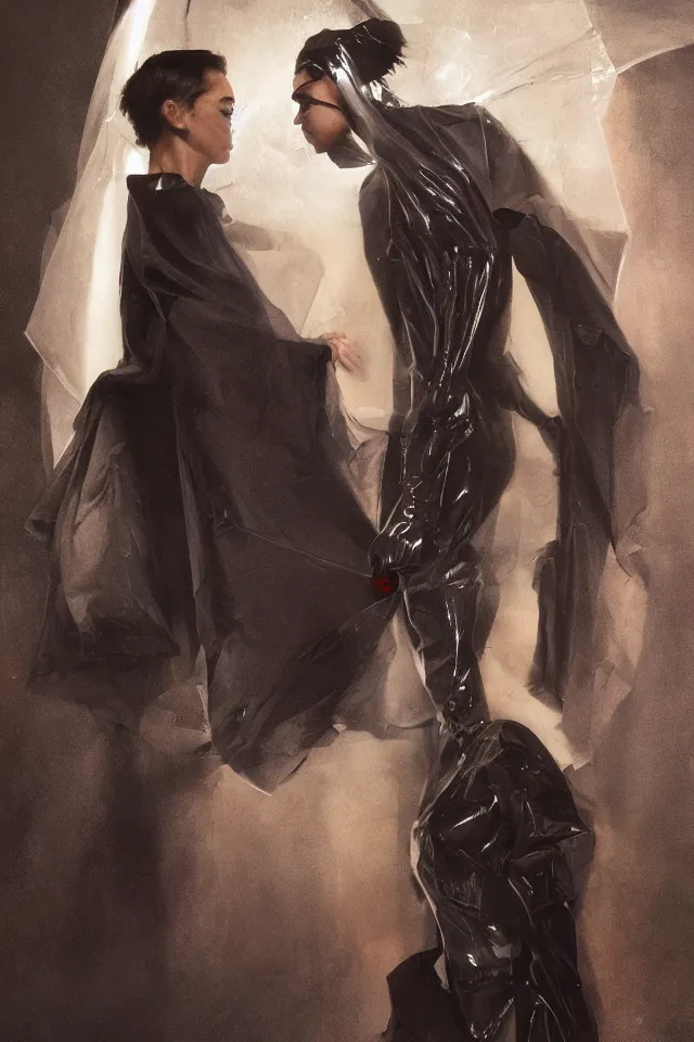 Prompt: digital fashion, androgynous person face covered, tactical poncho latex rags, techwear, iridiscent light, high key, cinematic lighting at night, grimm, phil hale, boris vallejo, alberto mielgo, patrick o'keeffe