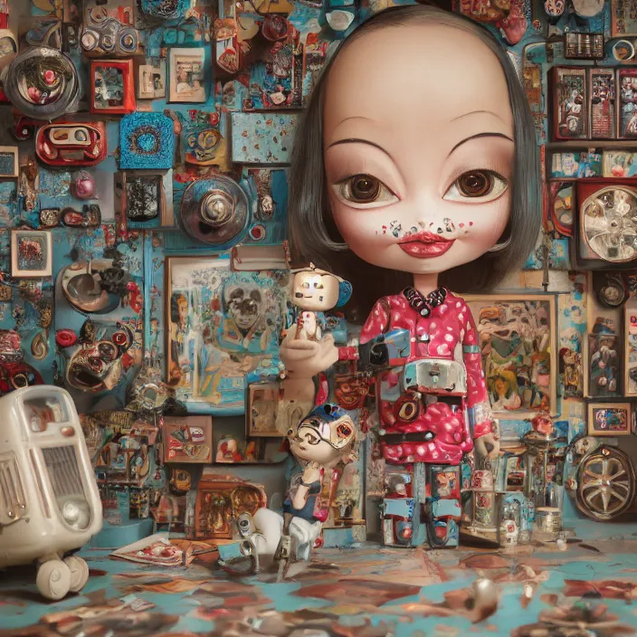 Prompt: closeup portrait of tin toy retro living room, depth of field, zeiss lens, detailed, symmetrical, centered, fashion photoshoot, by nicoletta ceccoli, mark ryden, lostfish, breathtaking, 8 k resolution, extremely detailed, beautiful, establishing shot, artistic, hyperrealistic, octane render
