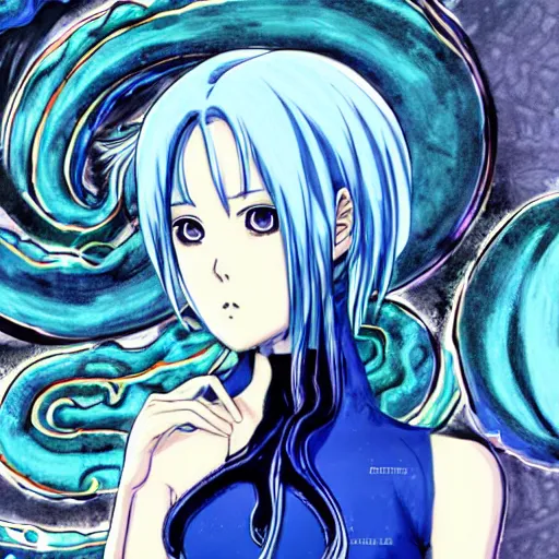 Prompt: half-length portrait character design. Anime key visual of an esoteric mysterious young woman with blue hair, with two tentacles instead of arms. Uzumaki; drawn by Junji Ito, top-rated on pixiv.