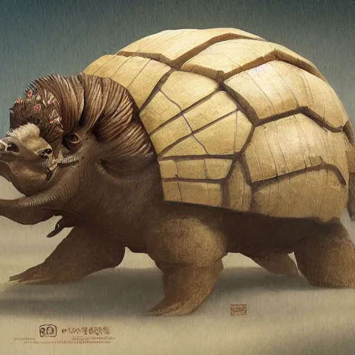 Image similar to yanonami riding a glyptodon, greg rutkowski, fantasy, intricate, elegant, highly detailed, digital painting, artstation, concept art, long shot, cinematic lighting