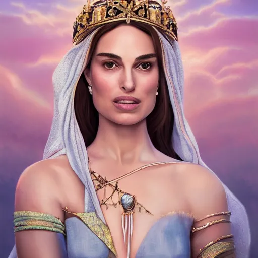 Prompt: a portrait of a woman who looks like a mix of natalie portman and margot robbie as an arabian princess in a disney movie, crown!! oil painting, pale colors, high detail, 8 k, wide angle, trending on artstation,