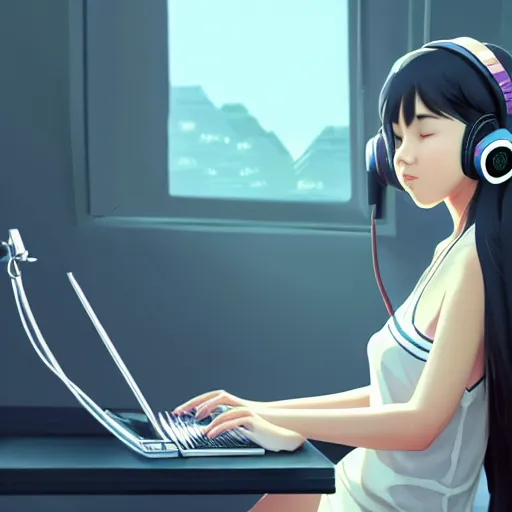 Prompt: beautiful young asian woman with long hair, with gaming headset, cute, playing on a comuter, realistic, detailed, cel shaded, in the style of makoto shinkai and greg rutkowski and james gurney