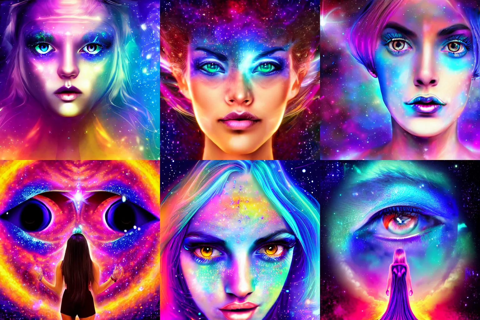 Prompt: a beautiful colorful digital potrait of an attractive girl with blue violet eyes and open thirdeye thirdeye thirdeye psychedelic spiritual art, space background, breathtaking stars, hyperrealistic, photorealistic, hyper sharp, 4k, detailed, hyper realistic, matte painting