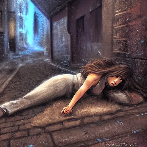 Image similar to A female paladin lying on the ground in a dark alley. Digital Art, Dramatic, Rain