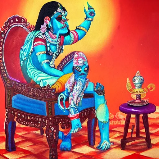 Image similar to a painting of a demon sitting on top of a chair, a detailed painting by ram chandra shukla, pixiv contest winner, bengal school of art, detailed painting, maximalist, art on instagram