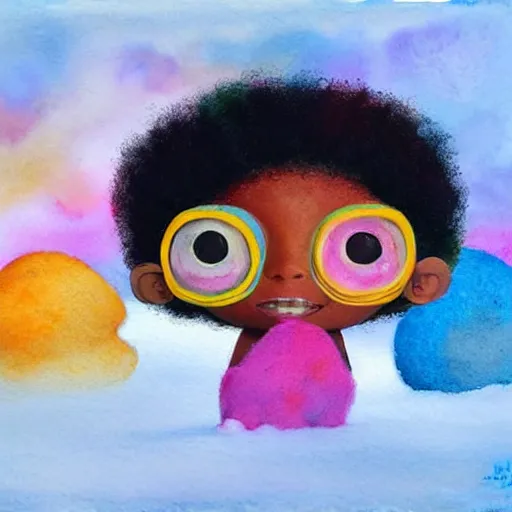 Image similar to a black girl with a colorful afro and big colorful eyes playing in the snow, bright colours, bokeh!! watercolor, volumetric wool felting, macro photography, children illustration, by goro fujita