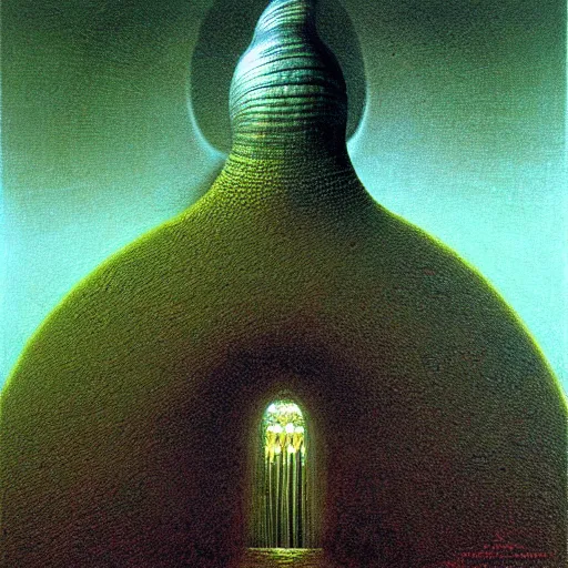 Prompt: a holy snail stands in a cathedral painting by beksinski, barlowe colors. masterpiece painting