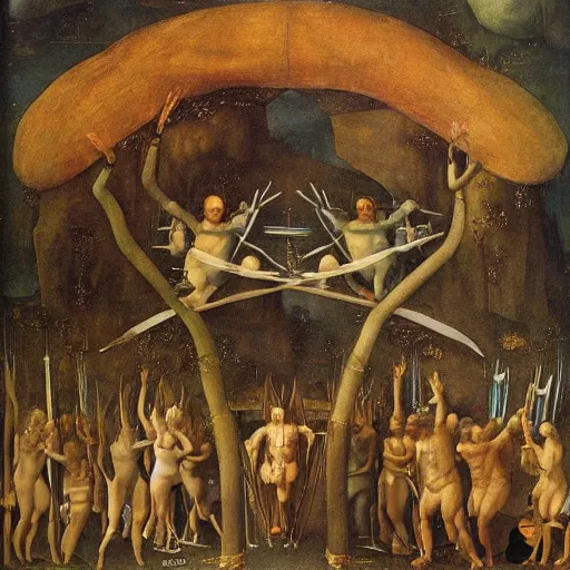 Prompt: a ritual for endless electricity and creativity as imagined by leonardo da vinci and reinterpreted by bosch, oil painting