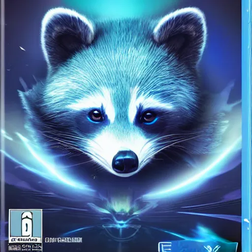 Image similar to final fantasy box art depicting an ethereal blue raccoon
