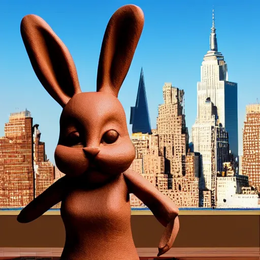 Image similar to a clay sculpture of a funny bunny, new york city background, hyper realistic, 3 d render