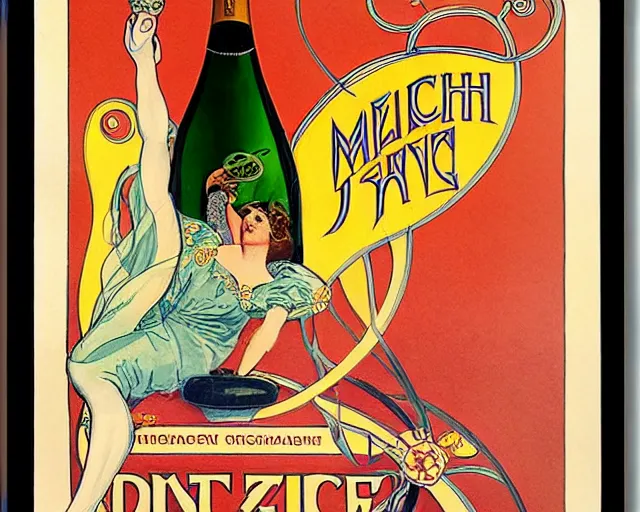 Prompt: art nouveau tin poster, dancer, melchizedek champagne bottle. cheerful, bright