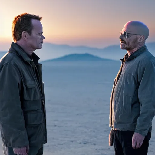 Prompt: movie still of Jack Bauer and Walter White arguing, 4k, golden hour, hyperdetailed