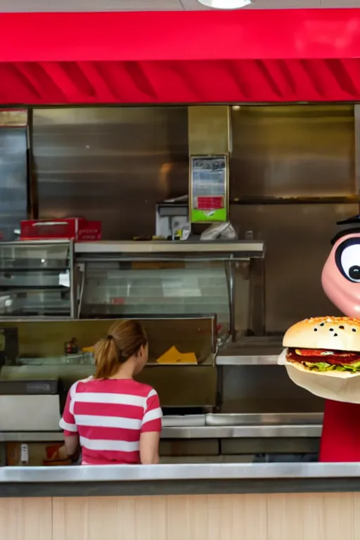 Image similar to an anthropomorphic hamburger working take out on a busy day