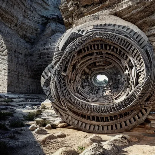 Image similar to a gigantic paleolothic torus made of stone with highly detailed carvings of intricate shamanic robotic electronics and circuitry, in a mediterranean lanscape, inside a valley overlooking the sea, in the style of michal karcz